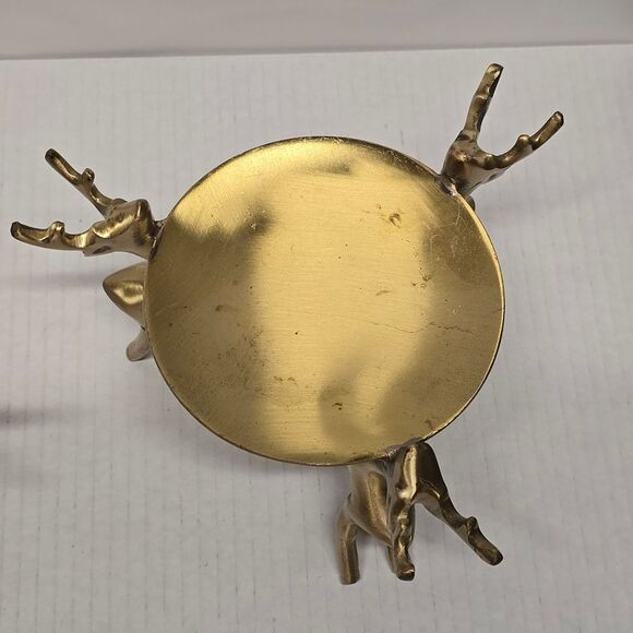 Vintage Brass Deers Candle Holder Set 3 Reindeers Holding Tray MCM - Picture 6 of 8